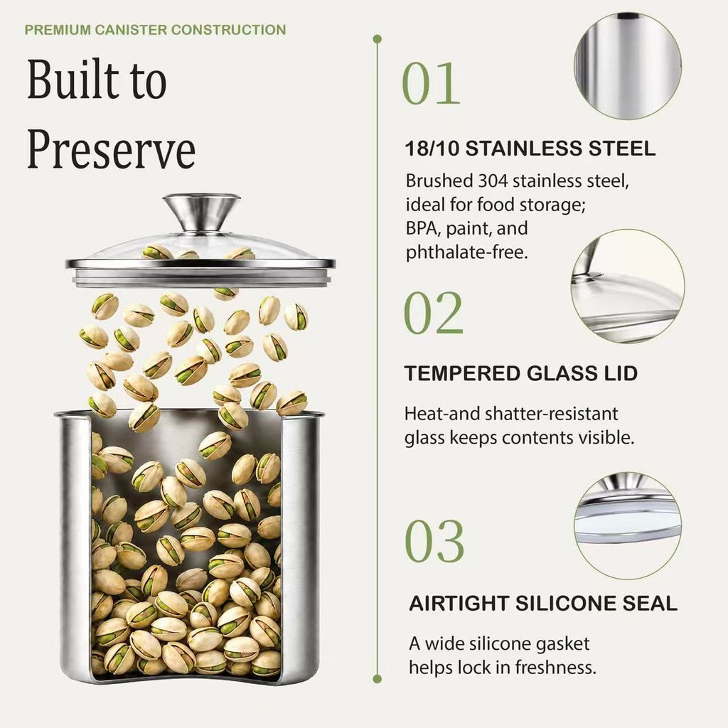 Classic Stainless Steel Food Jar Storage Canister Set Medium, Airtight Containers with Glass Lid for Tea Coffee Sugar