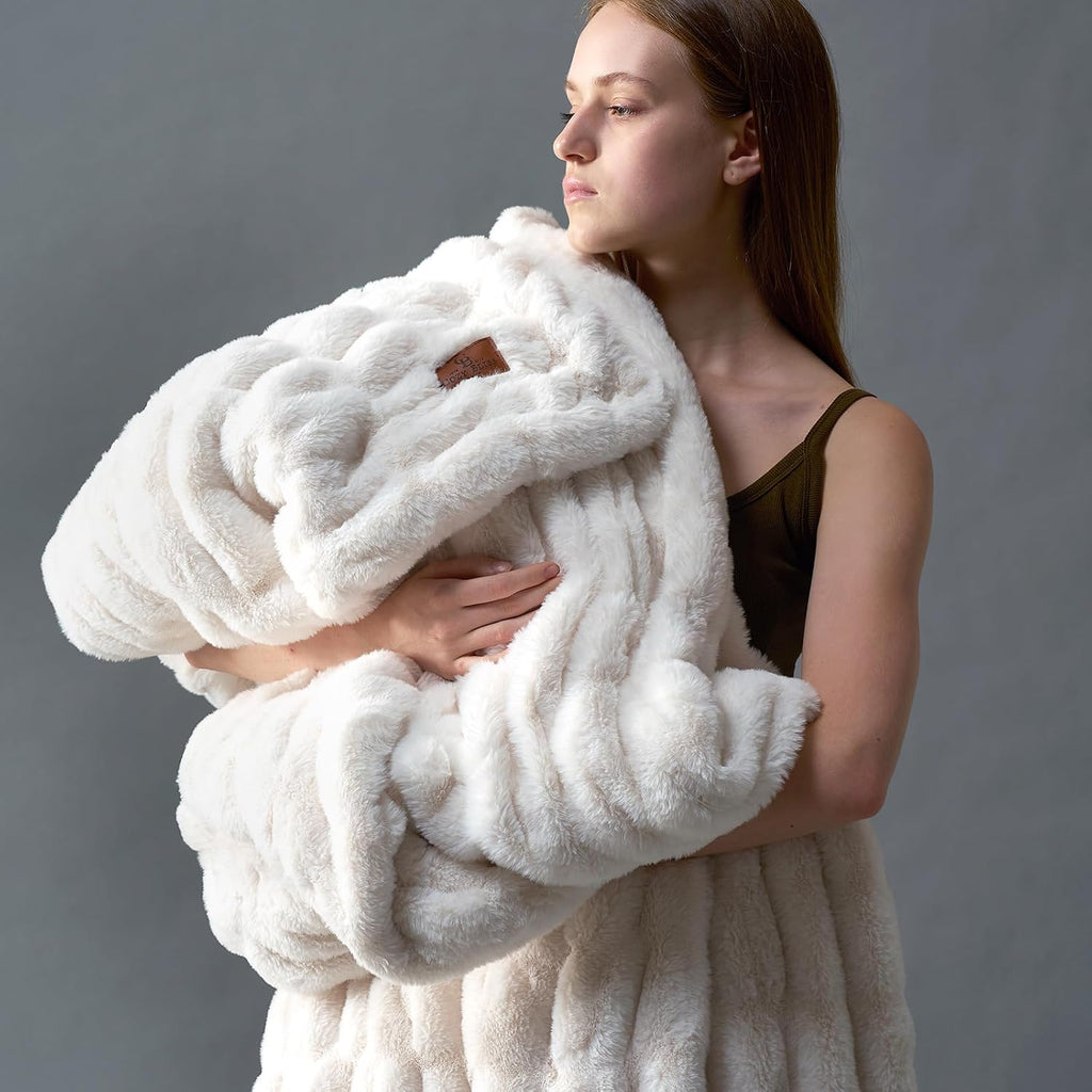 Premium Ruched Faux Fur Throw Blanket for Couch, Double-Sided Soft Textured Fuzzy Plush Blanket Decor, Bed & Living