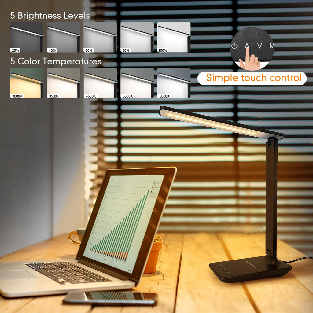 Crown LED Desk Lamp with 15W Wireless Charger & USB Port, Dimmable Table Lamp with 5 Lighting Modes, Sensitive Touch