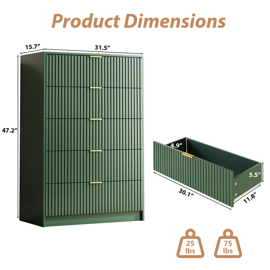 47" Tall Fluted 5-Drawer Dresser, Green