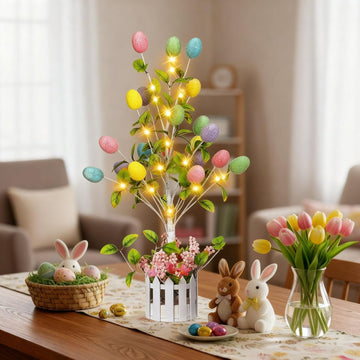 24 Inch Tall Lighted Easter Egg Tree Tabletop Decoration with LED Light Indoor Glow Easter Egg Tree Table Decor Party