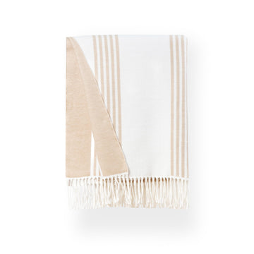 Coastal Decorative Throw Blanket Couch Sofa, Neutral Tan Vertical Stripes with Fringe, 52"x71"