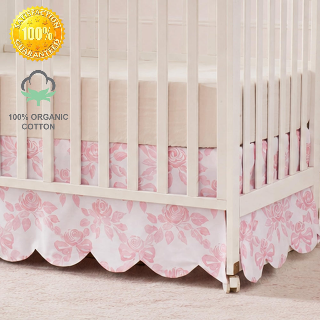 Scallop Edge Organic Cotton Crib Skirt, Baby Girl Crib Skirt Toddler Bedskirt Farmhouse Chic Cottagecore Nursery Bed