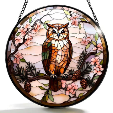 Stained Glass Window Hanging - The Owl is on The Branch of The Pine Tree 6.3 Inches Suncatcher for Garden Home Decor