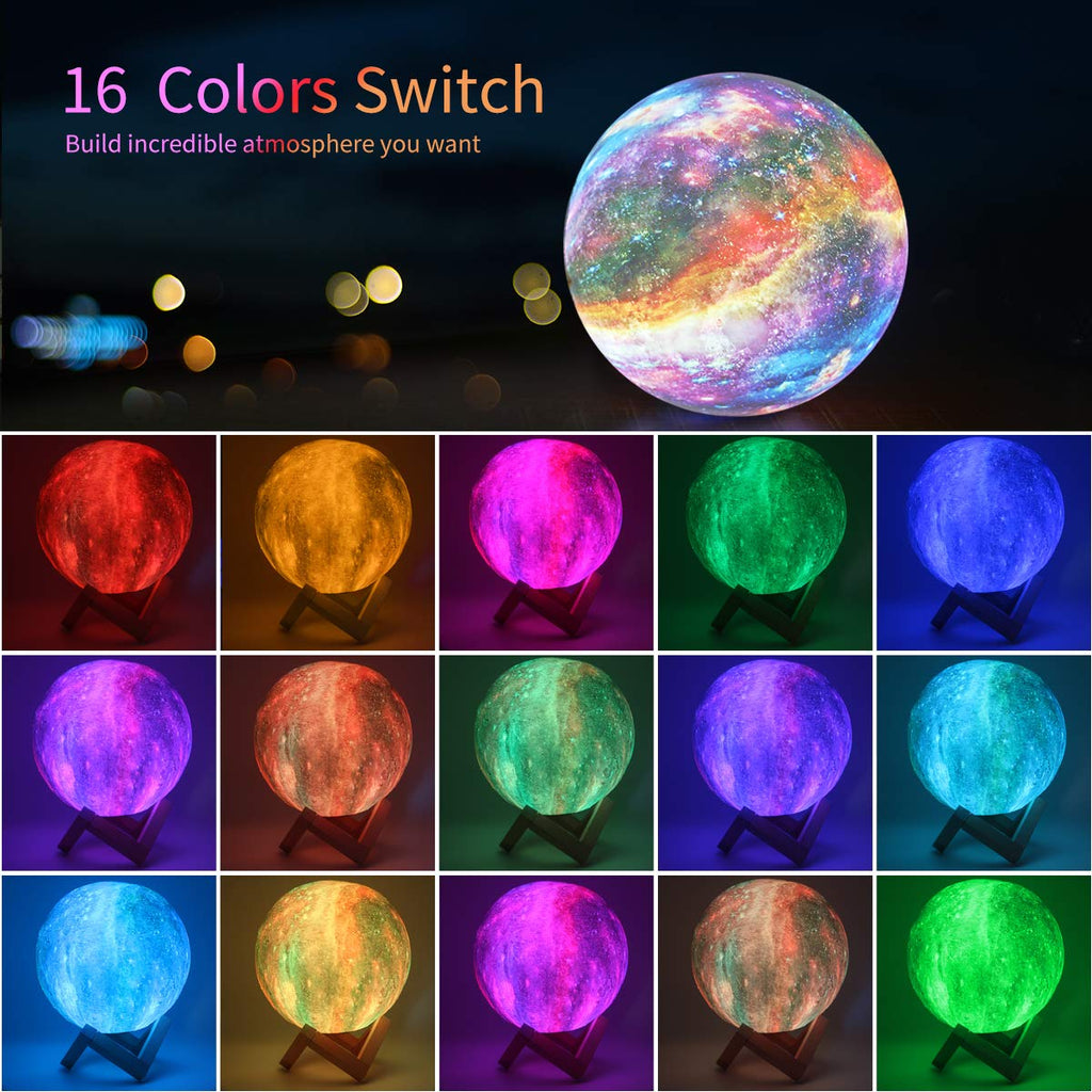 Moon Lamp Kids Night Light Galaxy Lamp - 16 Colors Moon Light with Wood Stand Remote & Touch Control USB Rechargeable