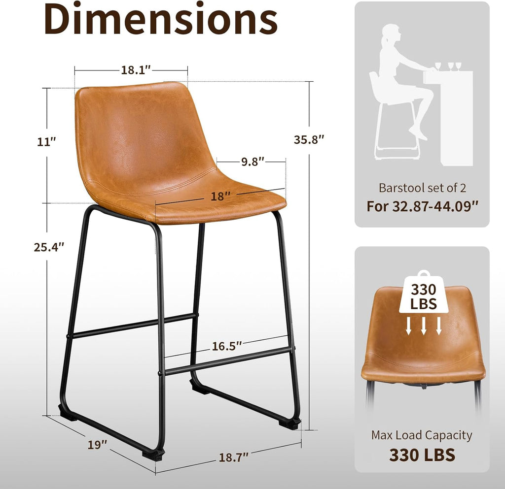 26 Inch Bar Stools Set of 2, Counter Height Bar stools Island, Modern Crazy Horse Leather Bar Stool with Back