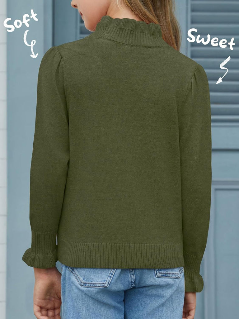 Girls Ruffle Mock Neck Sweater Puff Long Sleeve Fall Soft Knit Cute Pullover Sweaters Top
