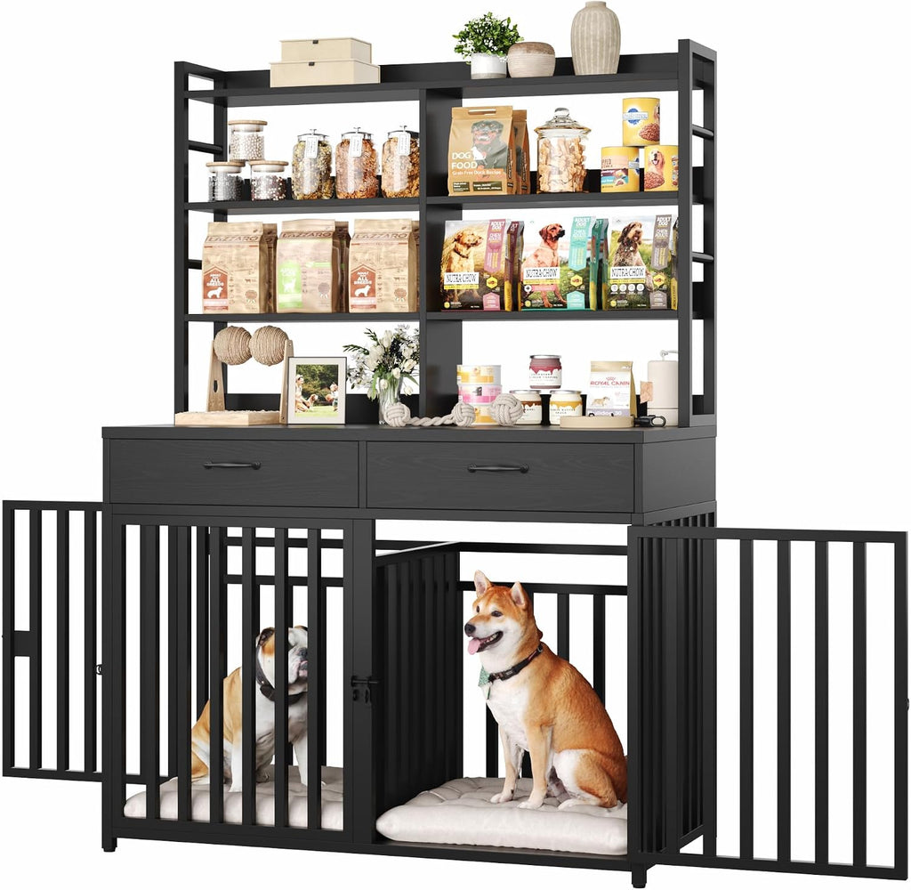Large Dog Crate Furniture with 4-Tier Shelves and 2 Storage Drawers, Heavy Duty Dog Cage Furniture