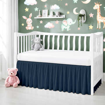 Cotton Crib Bed Skirt Dust Ruffle with Split Corners, 14" Drop, Navy Blue