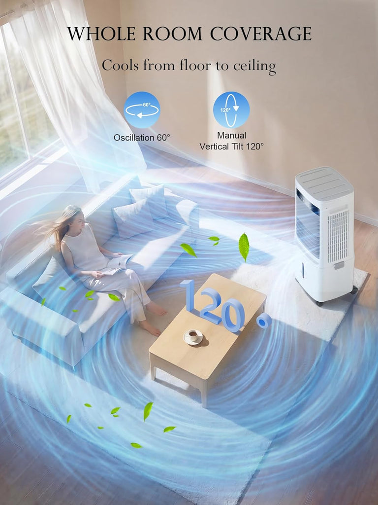 2200CFM Swamp Cooler Air Conditioner, Evaporative Cooler with Dual Water Tanks for 24H Cooling, 120° Oscillating