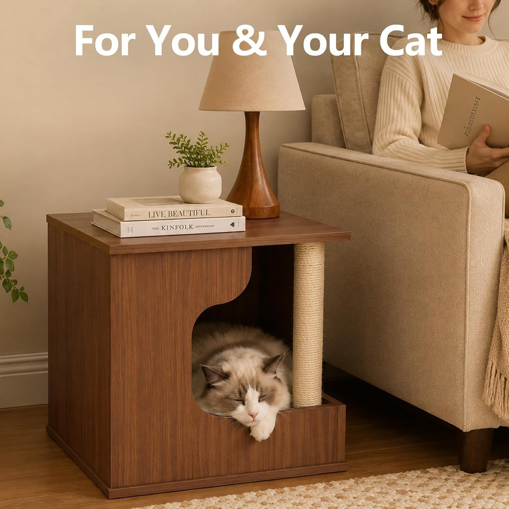 Wooden Cat House Side Table with Storage, Cat Nightstand End Table