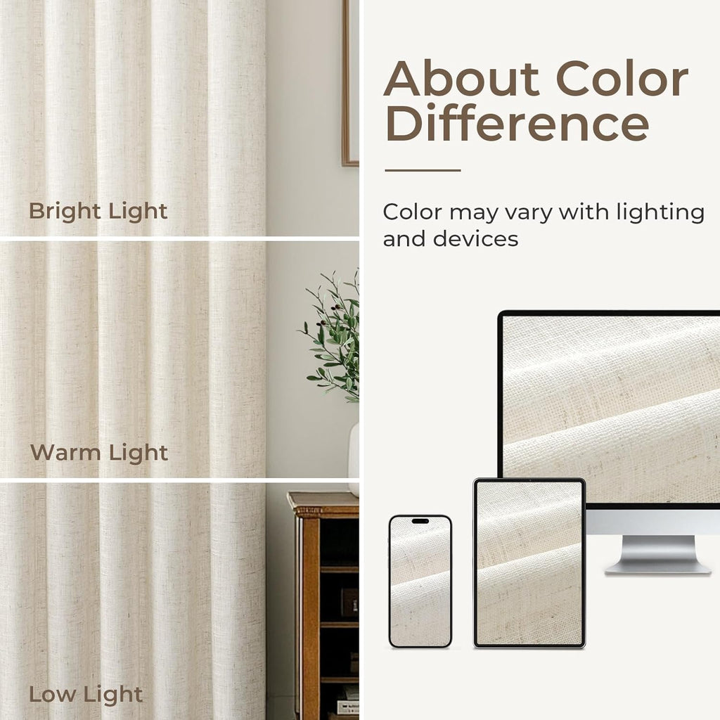 Natural Linen Pinch Pleated Curtains Blackout, 100% Black Out Curtains 96 inch Long, Blackout Thermal Insulated Pinch