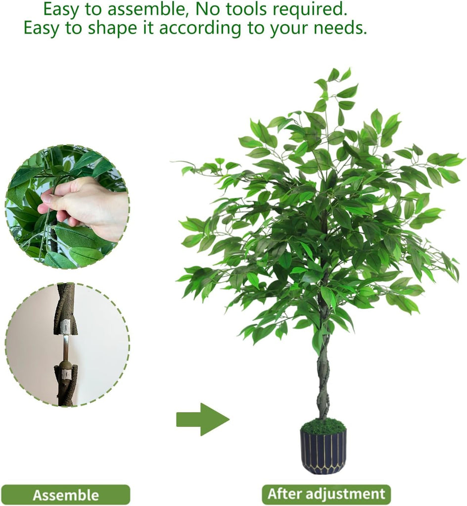 Artificial Ficus Tree 4FT Tall, Artificial Plants Indoor with Black Planter Faux Ficus Tree Realistic Faux Silk Plant