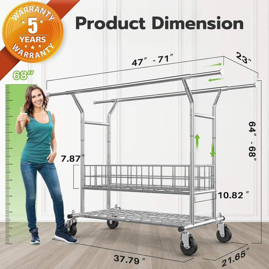 Heavy Duty Clothes Rack Load 635 LBS Height Adjustable Double Rod
