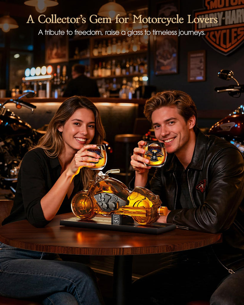 Motorcycle Whiskey Decanter Gift Set with 2 Glasses, Flag