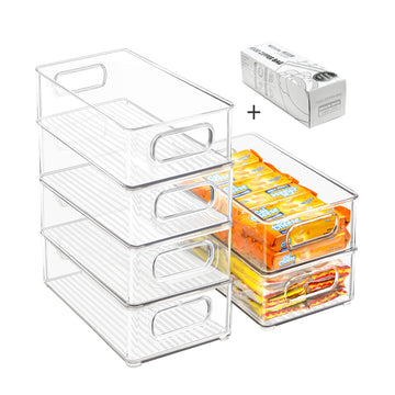 Stackable Refrigerator Organizer Bins, 6 Pack Clear Kitchen Organizer Container Bins with Handles and 20 PCS Plastic