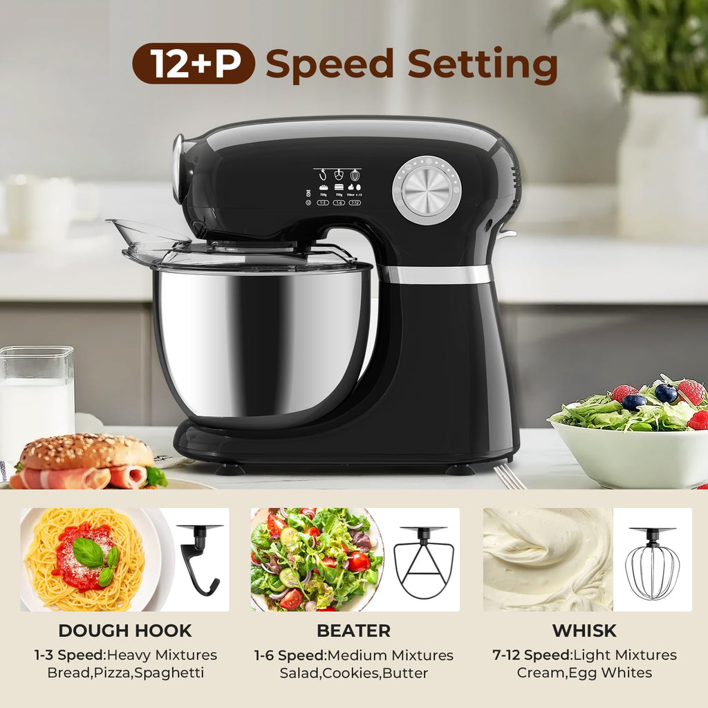 5.3 Quart Electric Stand Mixer With 12 Speed, Low Noise, Black