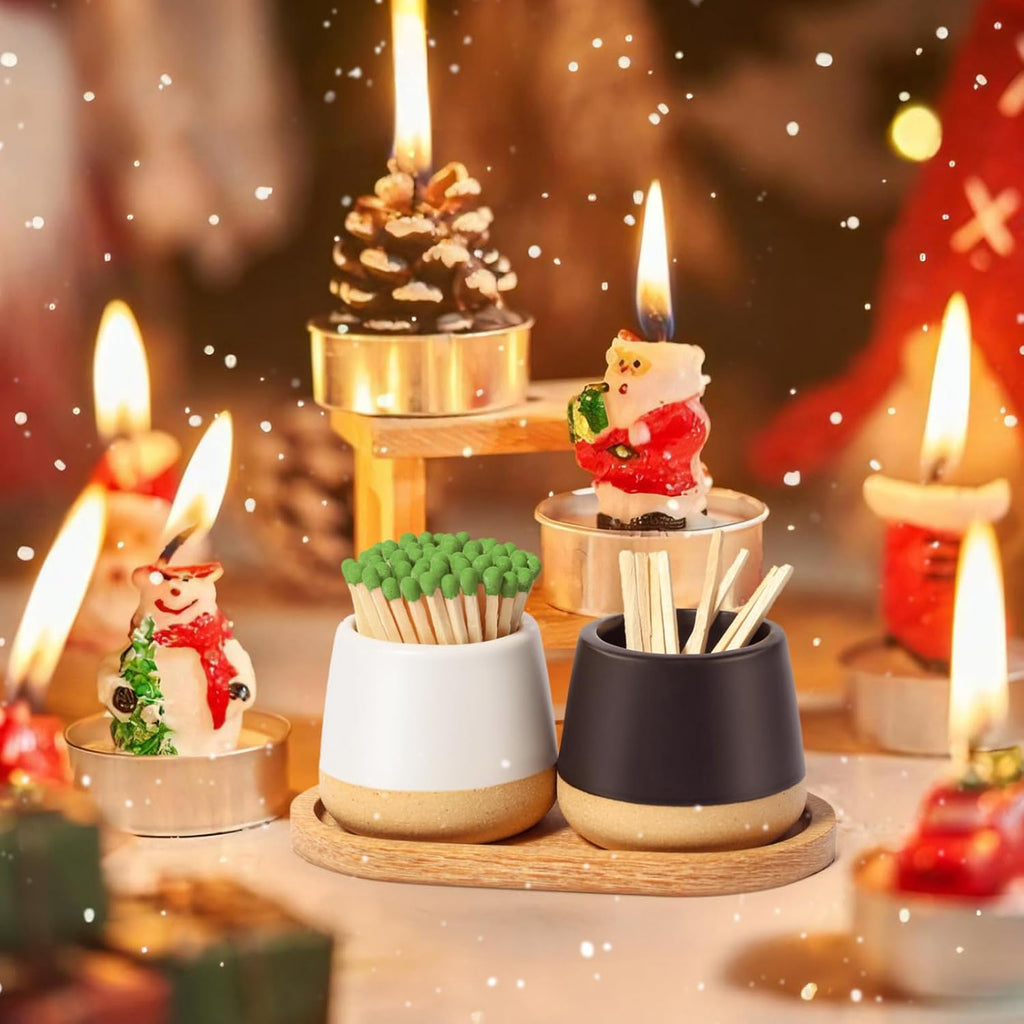 Ceramic Match Holder with Striker - Match Container With Wooden Tray Matchstick Holder Bathroom Candle - Set of 2