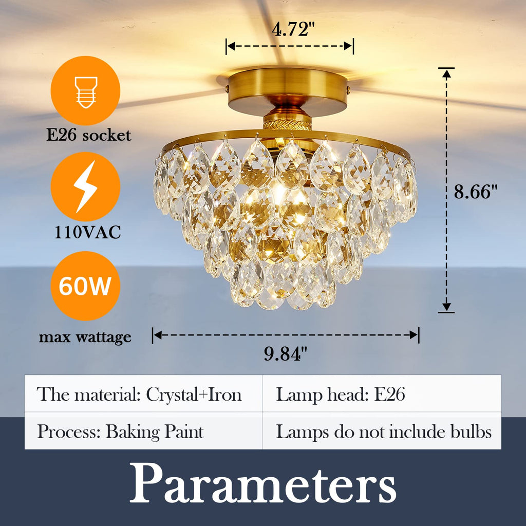 Modern E26 Small Crystal Chandelier Semi Flush Mount Ceiling Light Fixture Gold Ceiling Lamp Bedroom Bathroom Closet