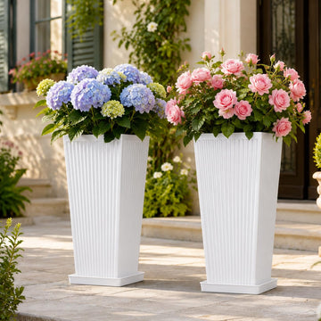 24" Tall Planters for Outdoor Plants Set of 2 Square Fluted, White