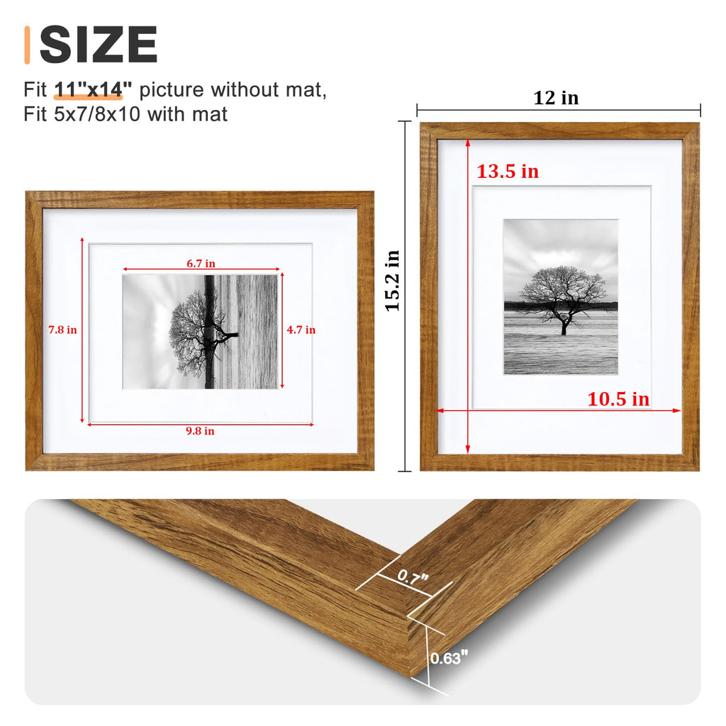 11x14 Picture Frames Made of Solid Wood with Plexiglass Set of 4, Display Pictures 5x7/8x10 with Mat or 11x14 Without