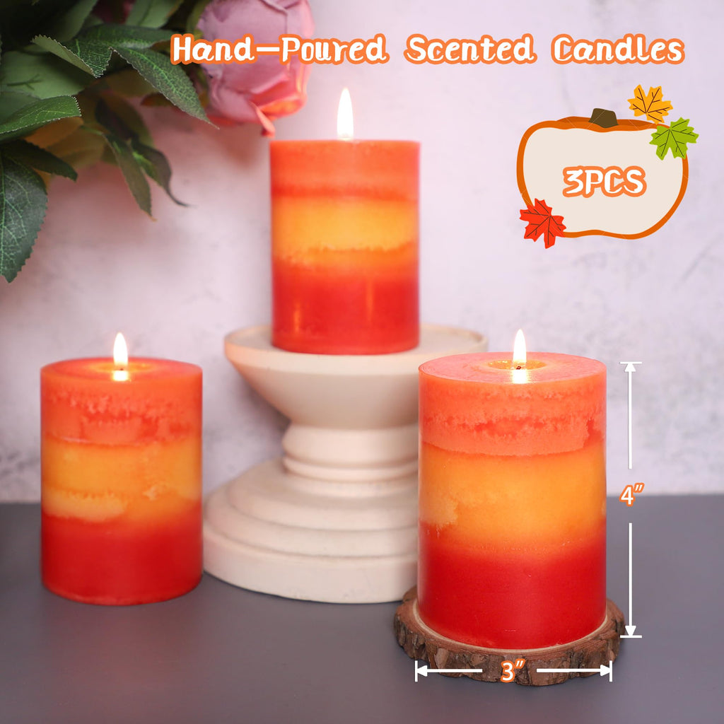 3x4 Inch Pillar Candles 3 Pack Rustic Orange Handmade Layered Clean Burning Pumpkin Spice Scented Candles Fall