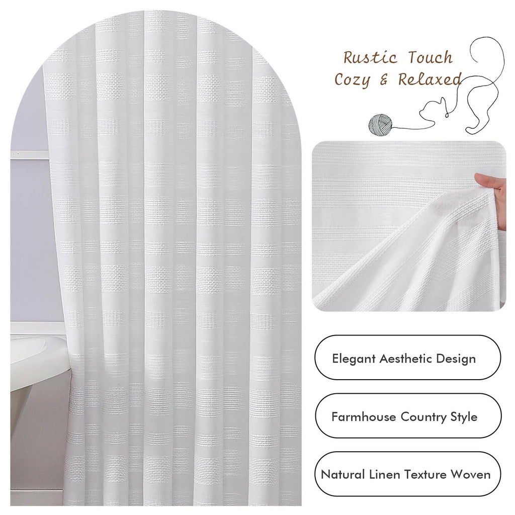 White Shower Curtain 78 Inch Long, Boho Farmhouse Thick Striped Fabric Hotel Shower Curtain with Tassel, Minimalist