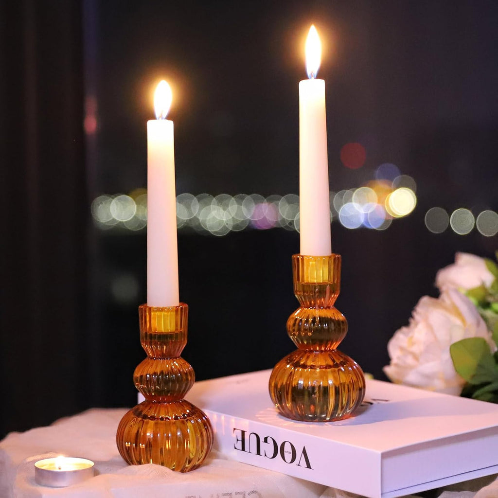 Amber Taper Candle Holders 4.3" H for Halloween/Thanksgiving Decorations Ribbed Glass Candlestick Holders - Set of 3