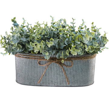 Artificial Eucalyptus Arrangement in Rustic Oval Galvanized Metal Planter Box Faux Eucalyptus Bush Greenery Potted