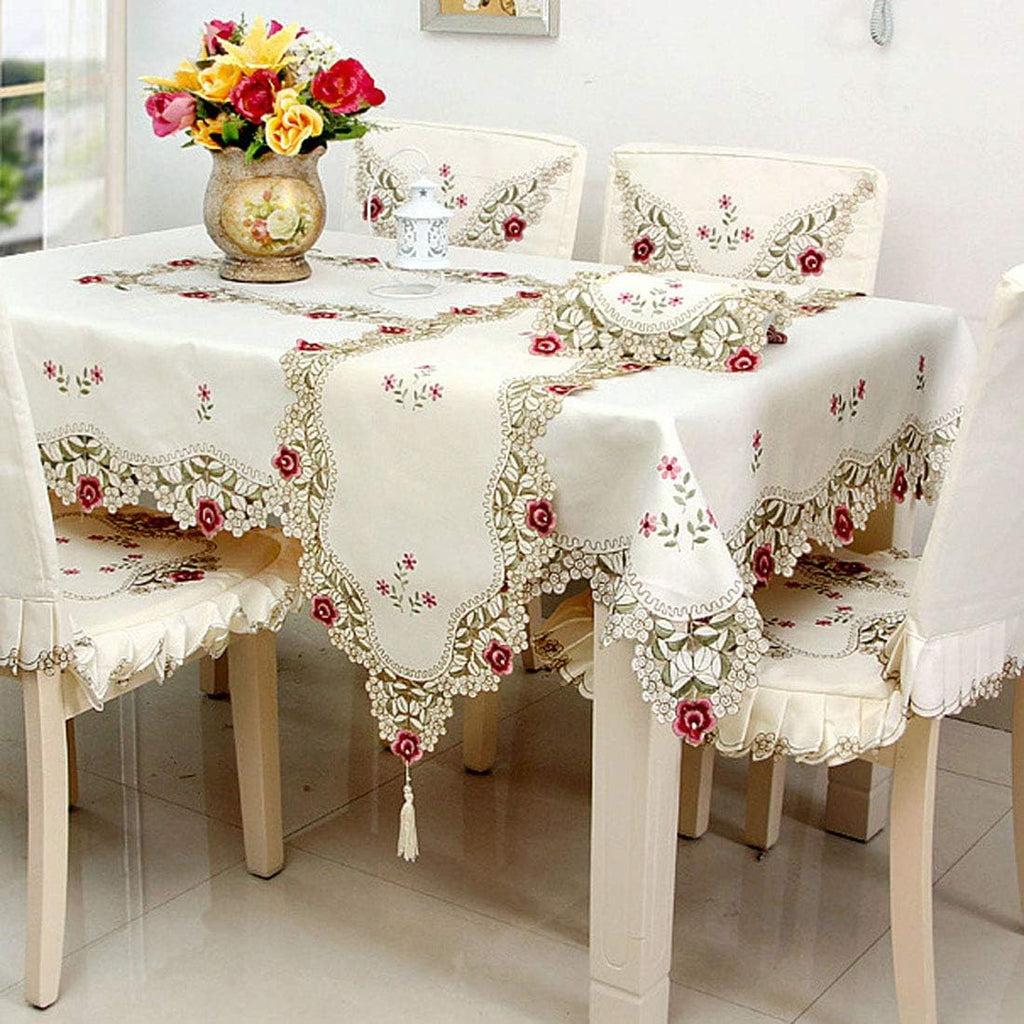 68"X120" Oblong Flower Embroidered Lace Tablecloth, Floral Vintage Classic Rectangular Table Cloth C
