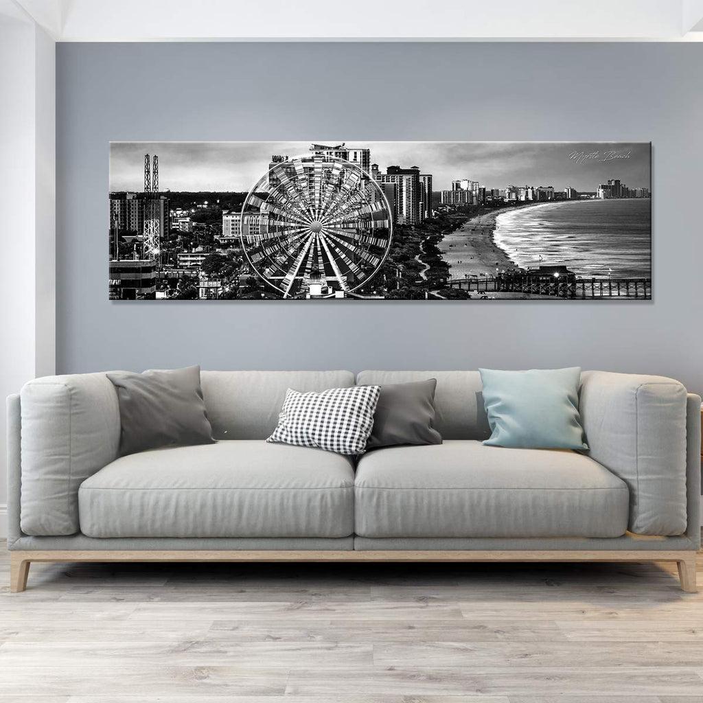 Myrtle Beach Wall Art Ferris Wheel Skyline Wall Decor Black and White Cityscape Panoramic Canvas Paintings USA South