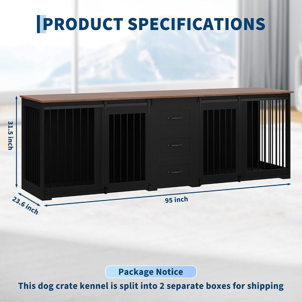 Large Dog Crate Furniture, Farmhouse Double Dog Kennel TV Stand w/ 3 Drawers