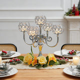 5 Arm Metal Crystal Candelabra Centerpiece - 13.4 Inch Elegant Candle Holder with Crystal Beadsation (2, Silver)
