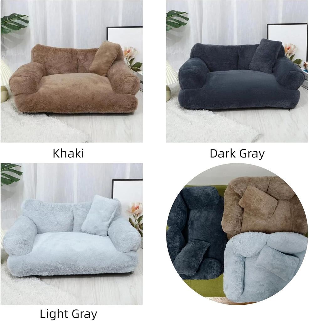 Plush Calming Pet Sofa Bed Fluffy Dog Cat Couch Washable (Khaki, X-Large)