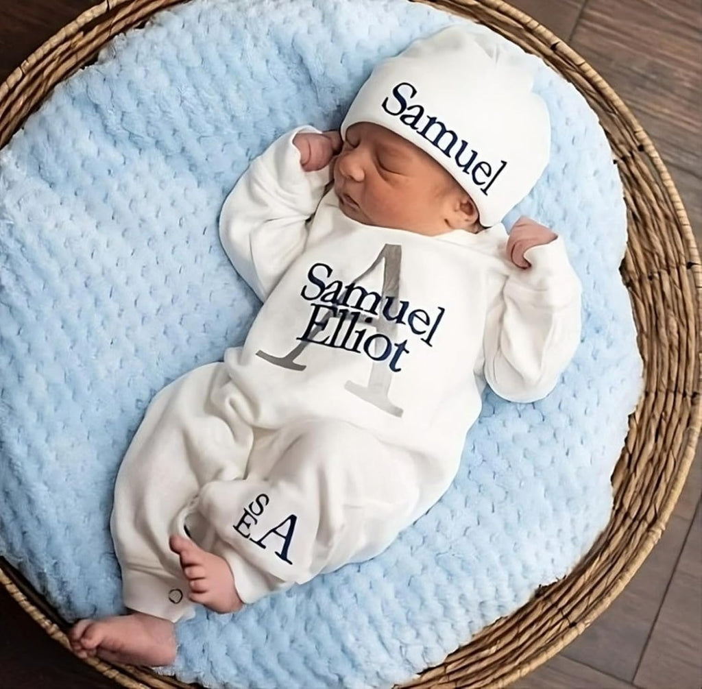 Organic Cotton Newborn Boy Coming Home Outfit Set Hypoallergenic Hospital Photo Ensemble With Embroidered Hat Baby