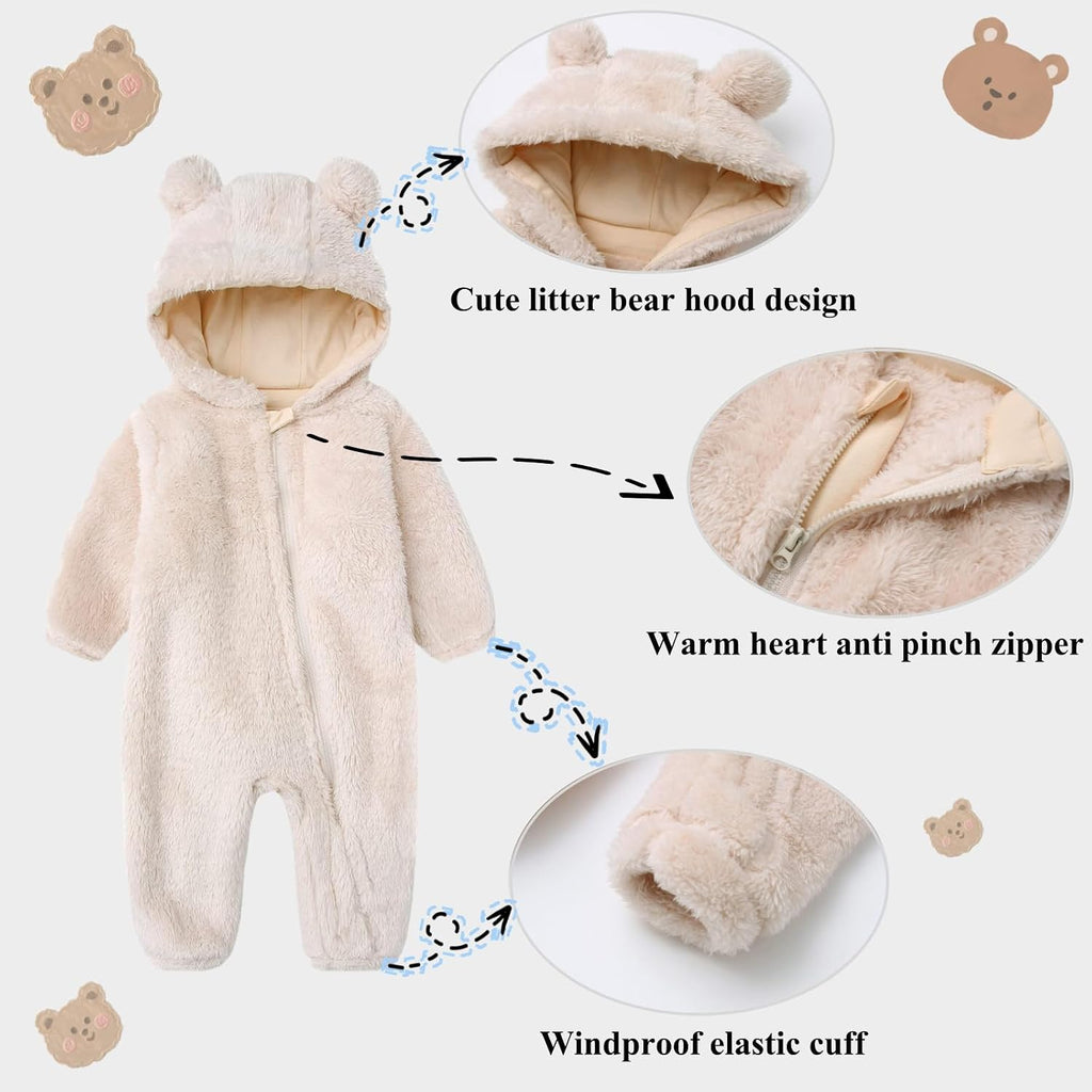 Baby Snowsuit Bear Ear Hooded Jumpsuit Fleece Romper Zipper Winter Coat Outfits