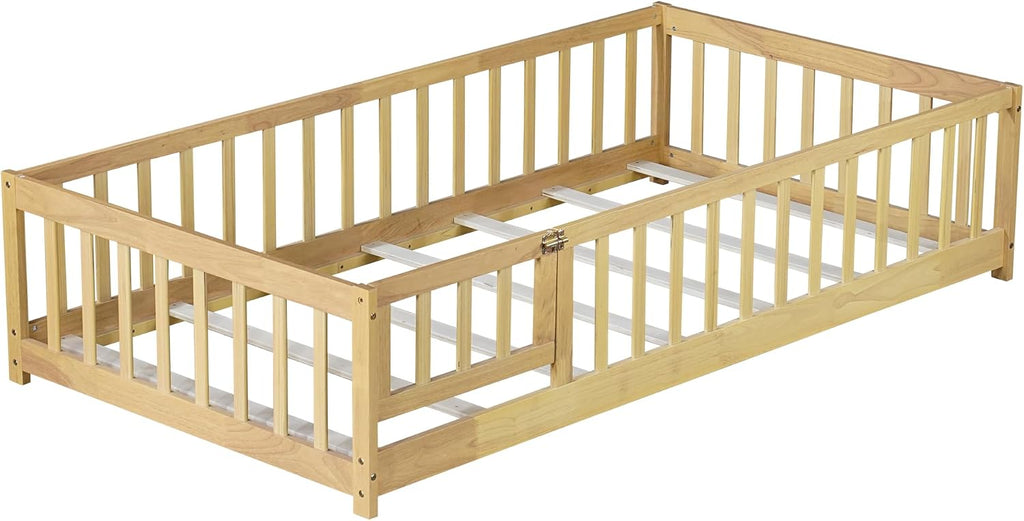 Slats and Safety Guardrail, Wood Twin Size Montessori Floor Bed with Door and Fence, Easy Assemble Montessori