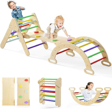 Triangle Set 7 in 1 Climbing Toys for 1-3 Inside Foldable Wood Montessori Jungle Gym with Ramp Slide Arch Rocker