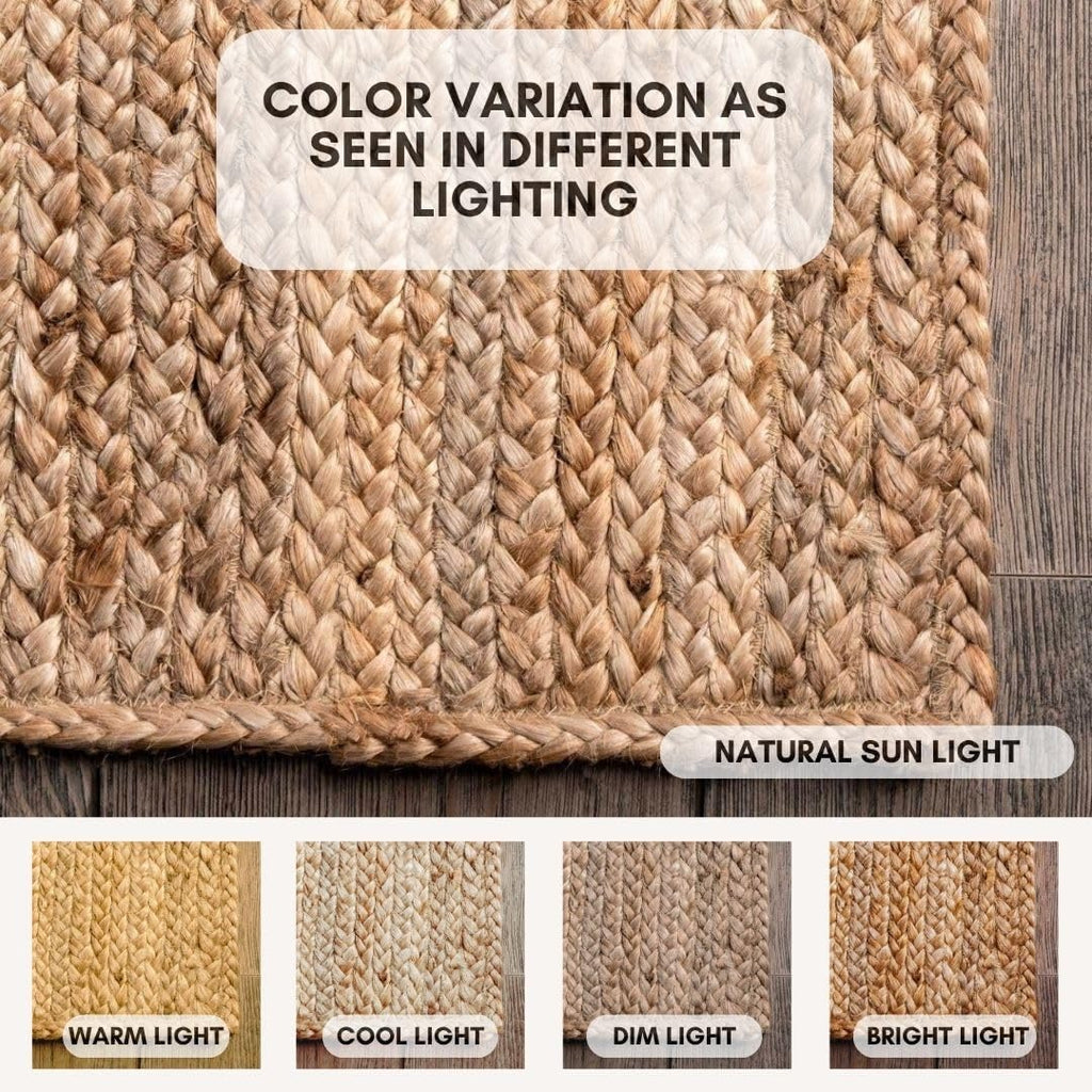 Handwoven Jute Area Rug - 8x10 Feet Natural Yarn - Rustic Vintage Beige Braided Reversible Rectangular Rugs - Kitchen