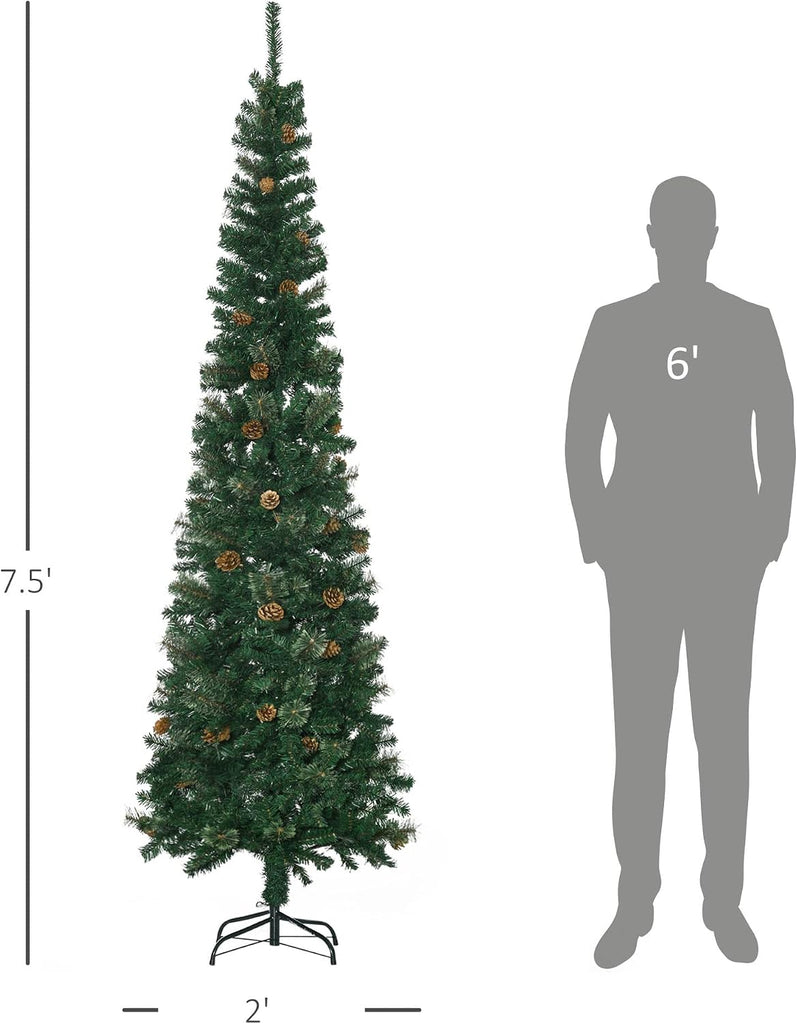 Slim Artificial Christmas Tree, Unlit Pencil Tree with Pine Cones