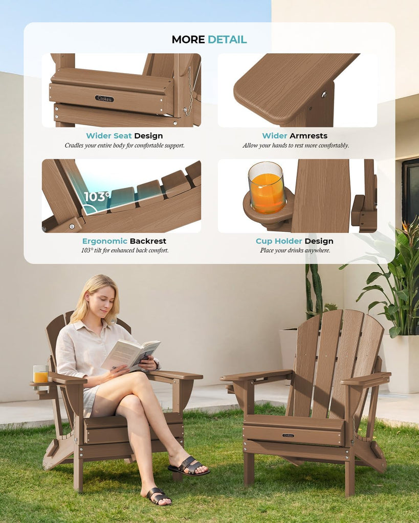 Folding Adirondack Chair 2 Pack, Patio Adirondack Chair Weather Resistant, Plastic Fire Pit Chair with Cup Holder