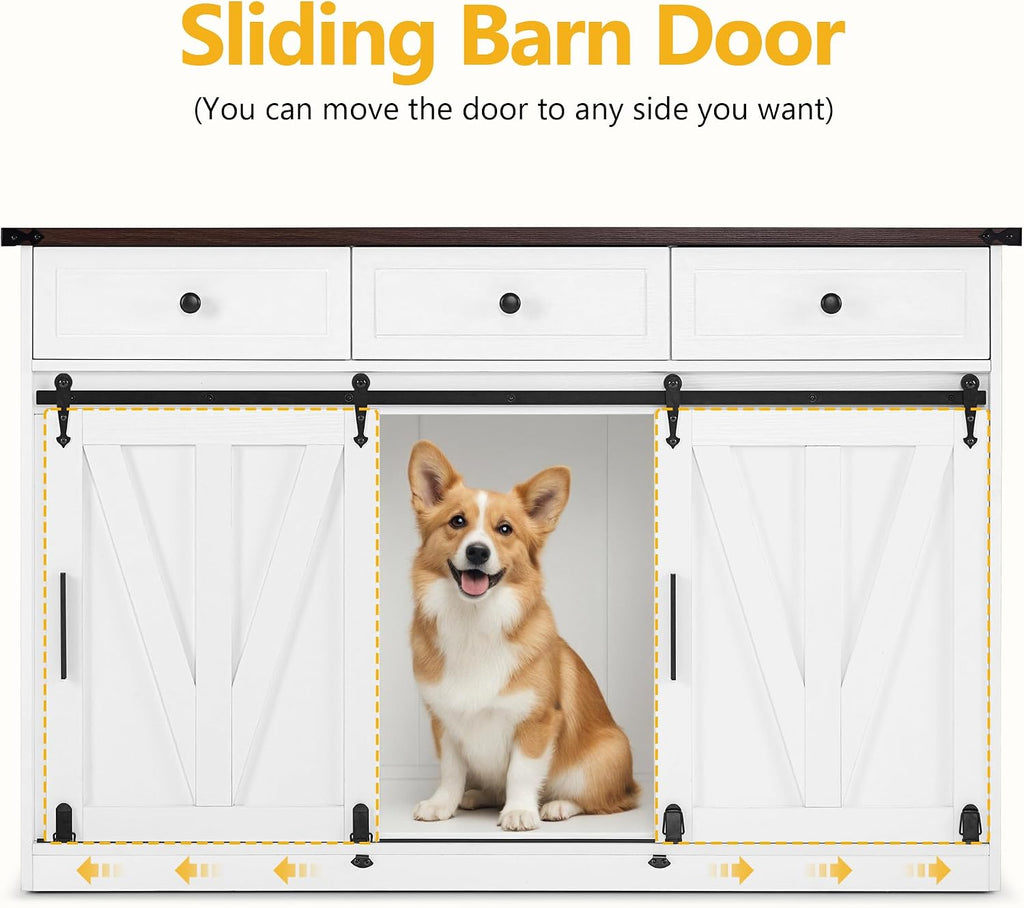 Dog Crate Furniture, Wooden Large Dog Kennel with Barn Door and 3 Drawers, 55.1 inches Length Pet Crate Indoor