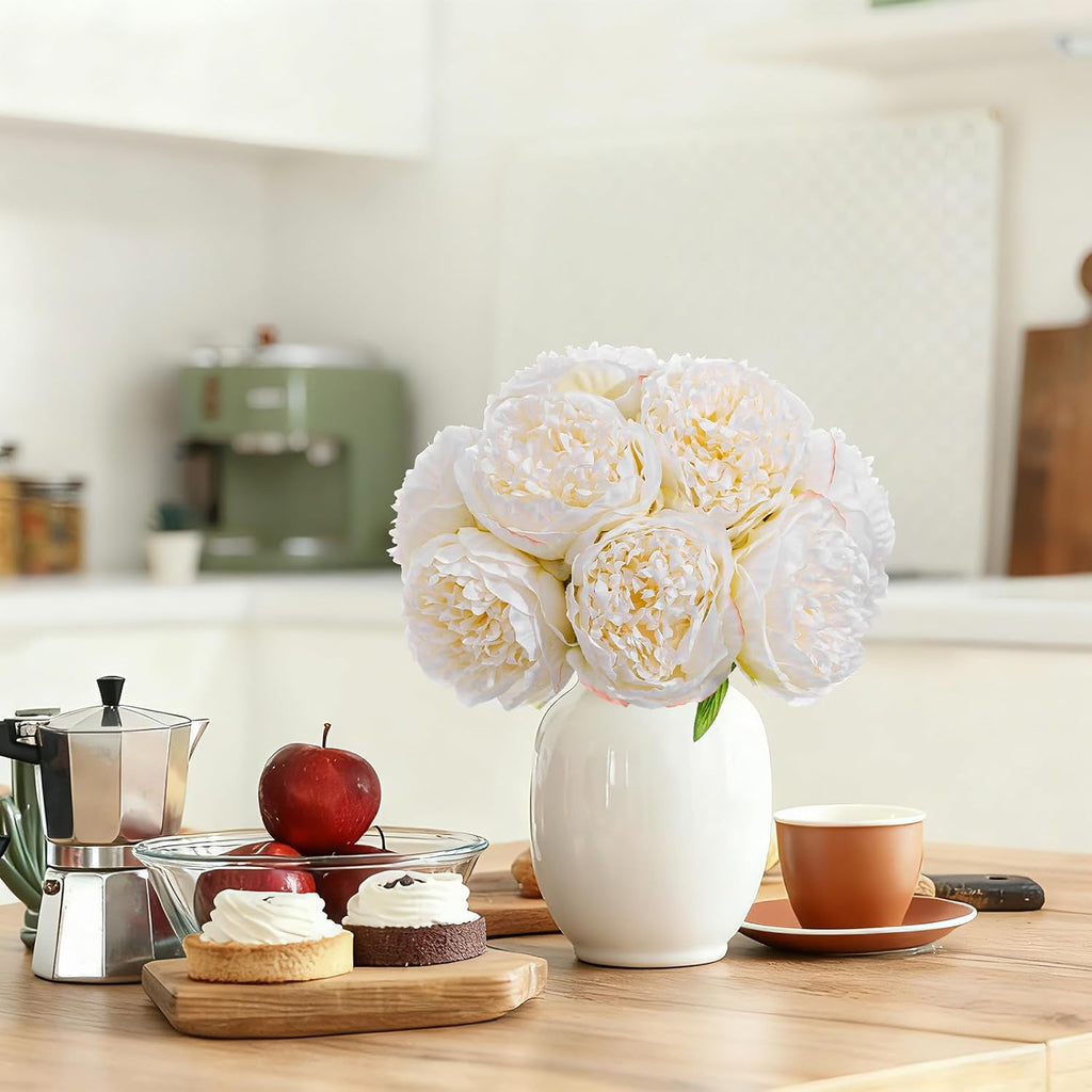 Off White Realistic Silk Peonies Bouquet, Waterproof & UV Resistant Faux Peony Flowers, All-Weather Artificial - Set of 10
