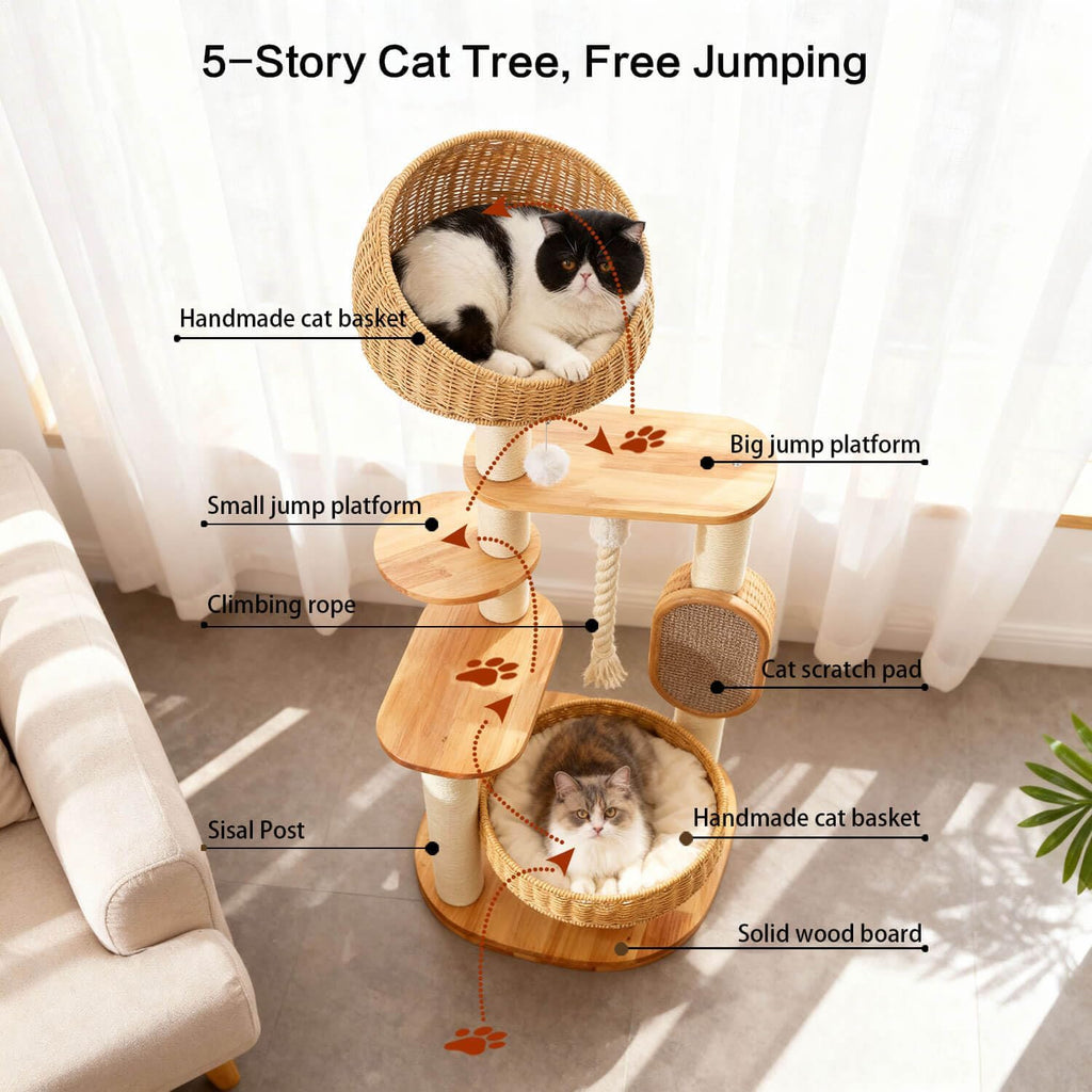 50 in Wooden Cat Tree for Indoor Cat, Large Cat Tower