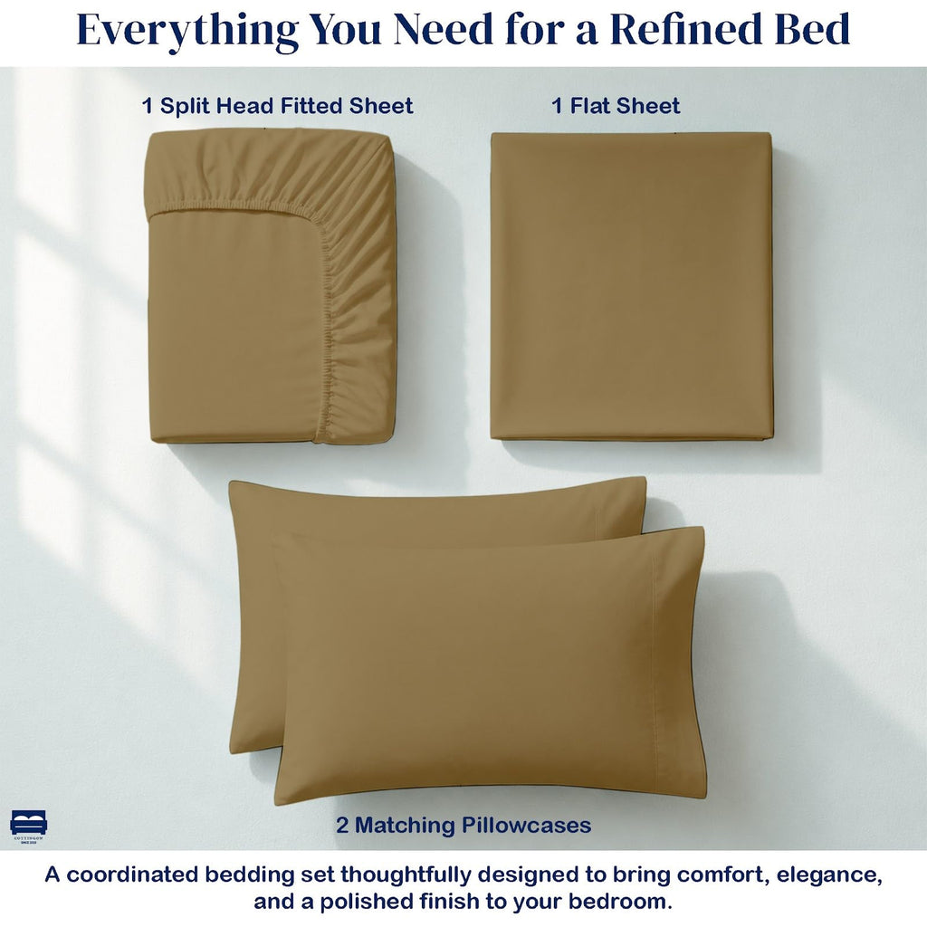4 Piece Top Split King Sheets Sets for Adjustable beds 34" Top, Taupe Solid