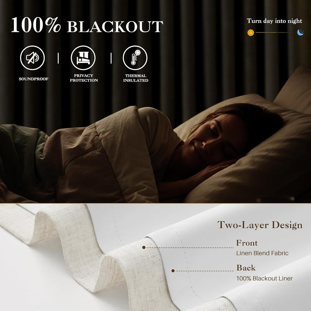 Natural Pinch Pleated 100% Blackout Linen Curtains 90 Inch Length, Black Out Pinch Pleat Curtains for Living Dining