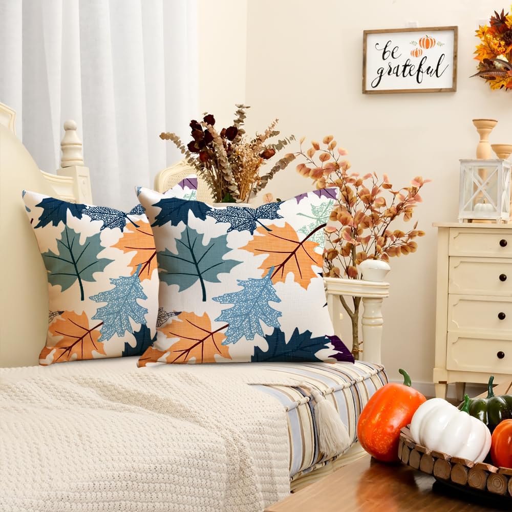 Fall Pillow Covers 20x20 Set of 2, Blue Maple Leaves Outdoor Thanksgiving