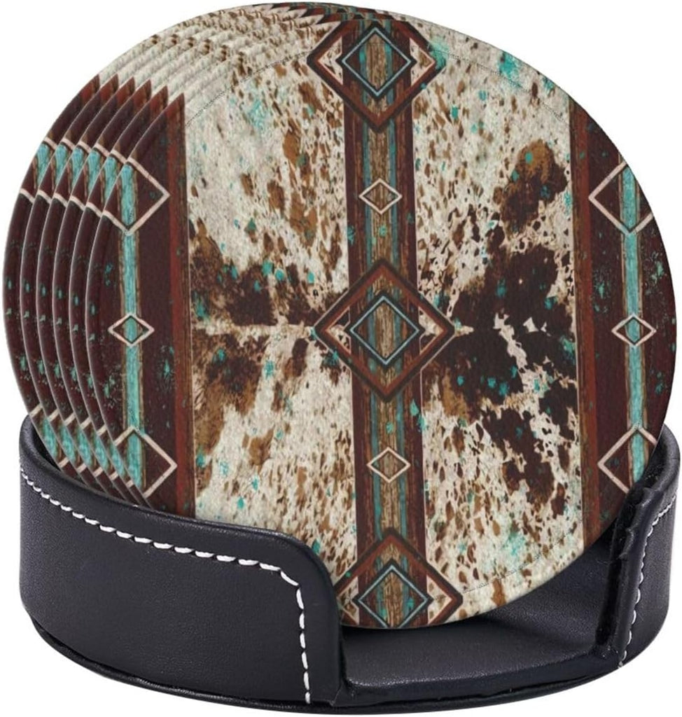 Cowhide Print Western Leather Coasters for Drinks with Holder Coaster Sets Drink Table Cup Coasters Kitchen - Set of 6