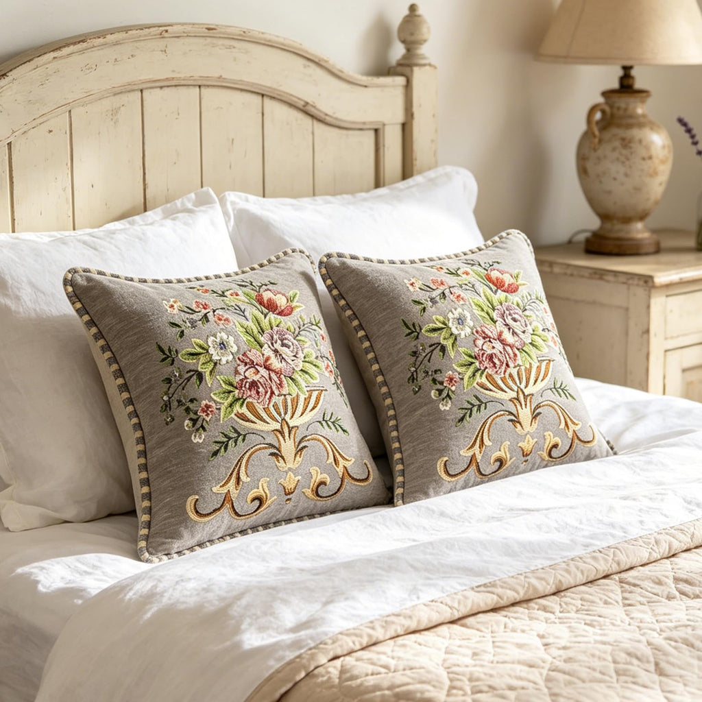 2 Pcs Gray Chenille Vintage Embroidered Throw Pillow Covers 18x18in, Grey Tassel Vintage Pattern Pillow Covers, Floral
