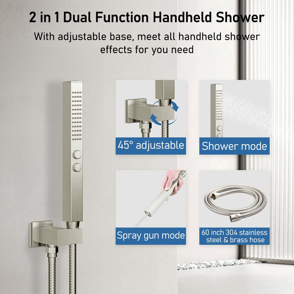 Shower Faucets Sets Brushed Nickel Shower System, 12" Ceiling Rainfall Shower and 6" Wall Mount with 2 in 1 Handhled
